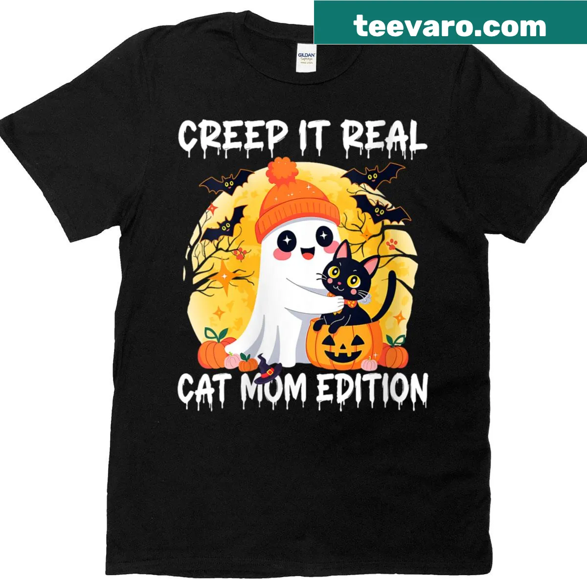 Cute ghost cat design with 'Creep It Real' text for Halloween — on a men's t-shirt