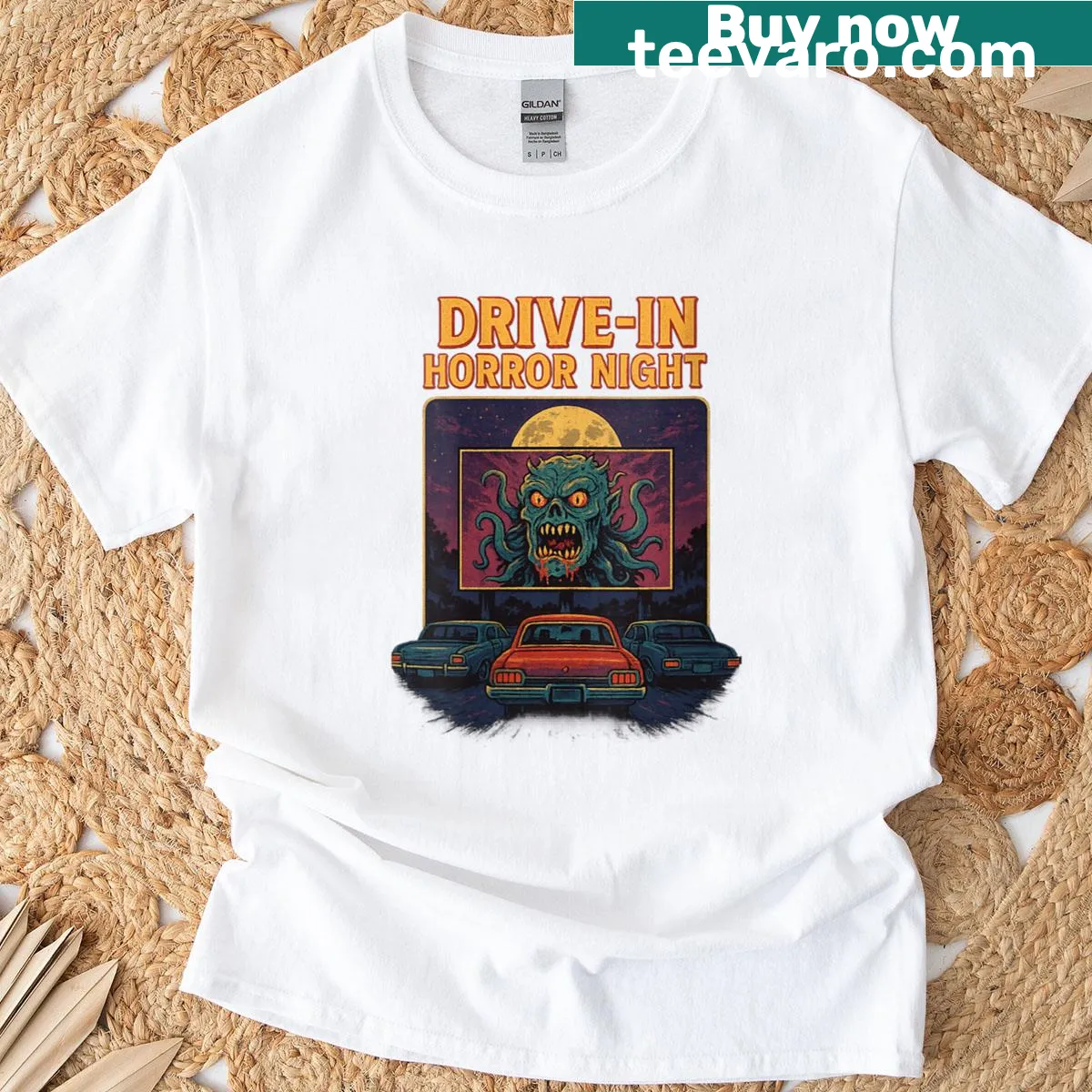 Retro horror movie-themed T-shirt for Halloween — on a men's t-shirt
