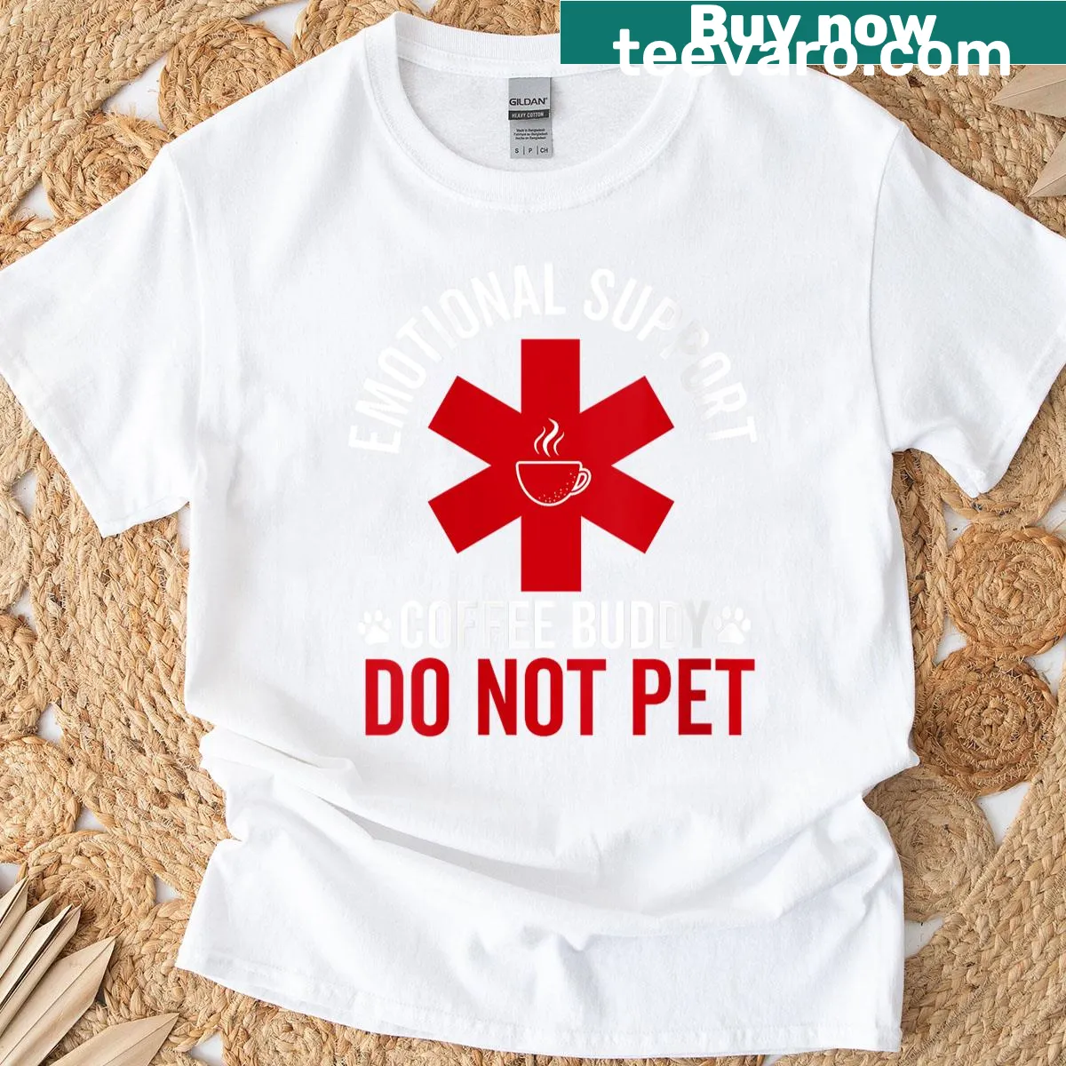 Humorous tee with 'Emotional Support Coffee Buddy' text — on a men's t-shirt