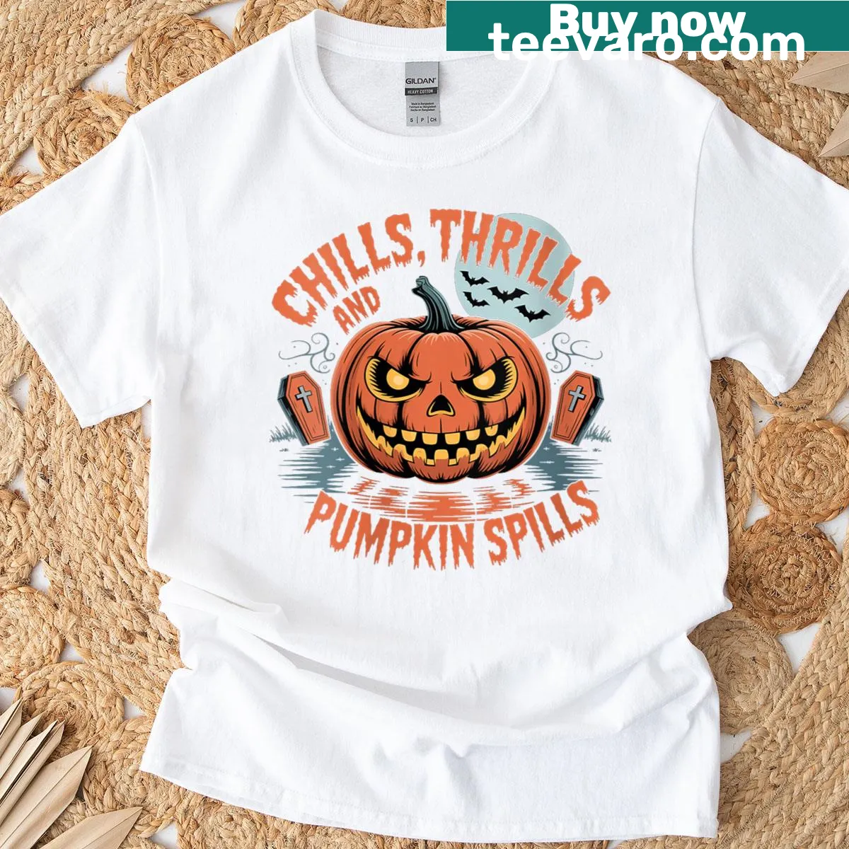 Funny Halloween t-shirt with the phrase about chills and pumpkins. — on a men's t-shirt