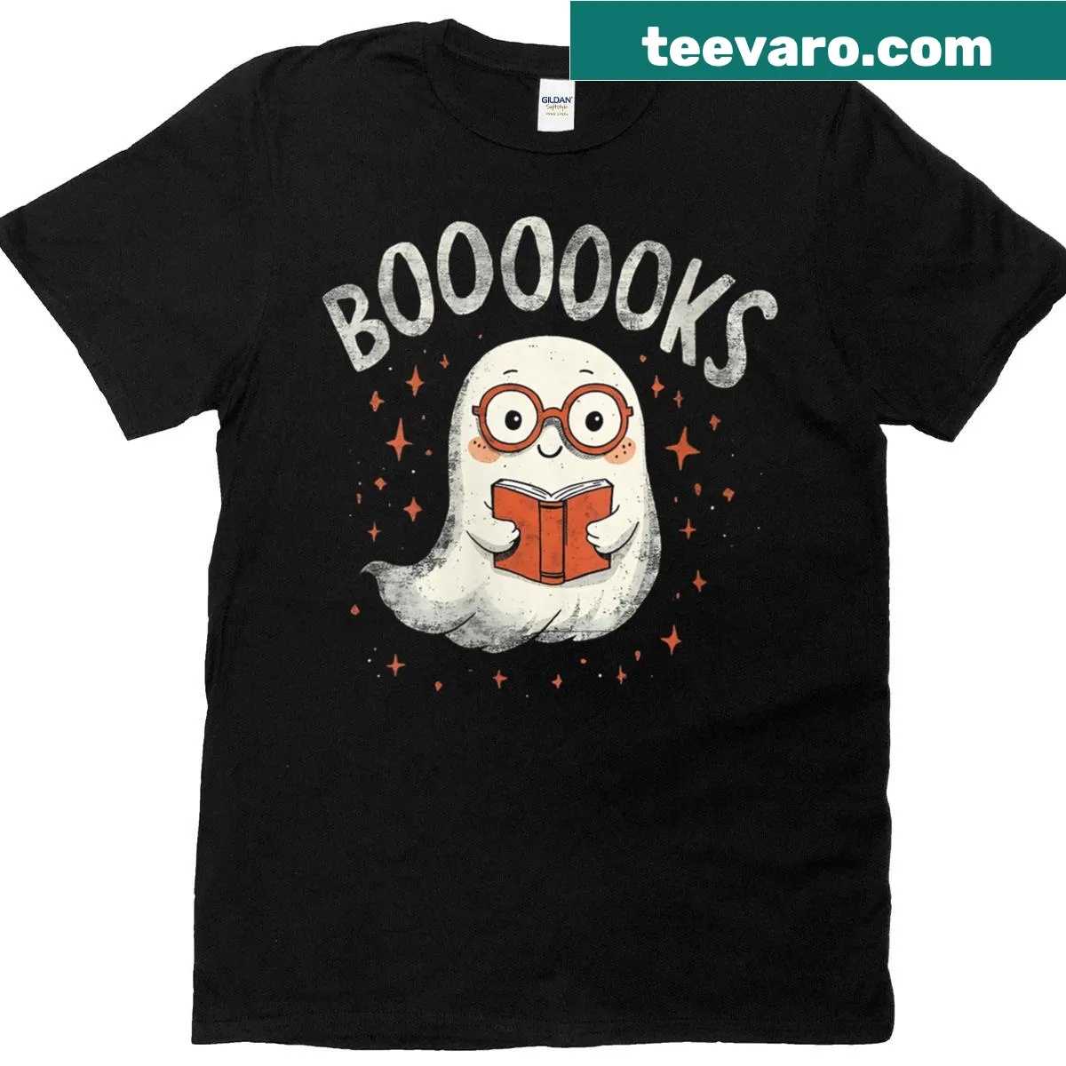 Funny ghost with books graphic on a women's Halloween T-shirt — on a men's t-shirt