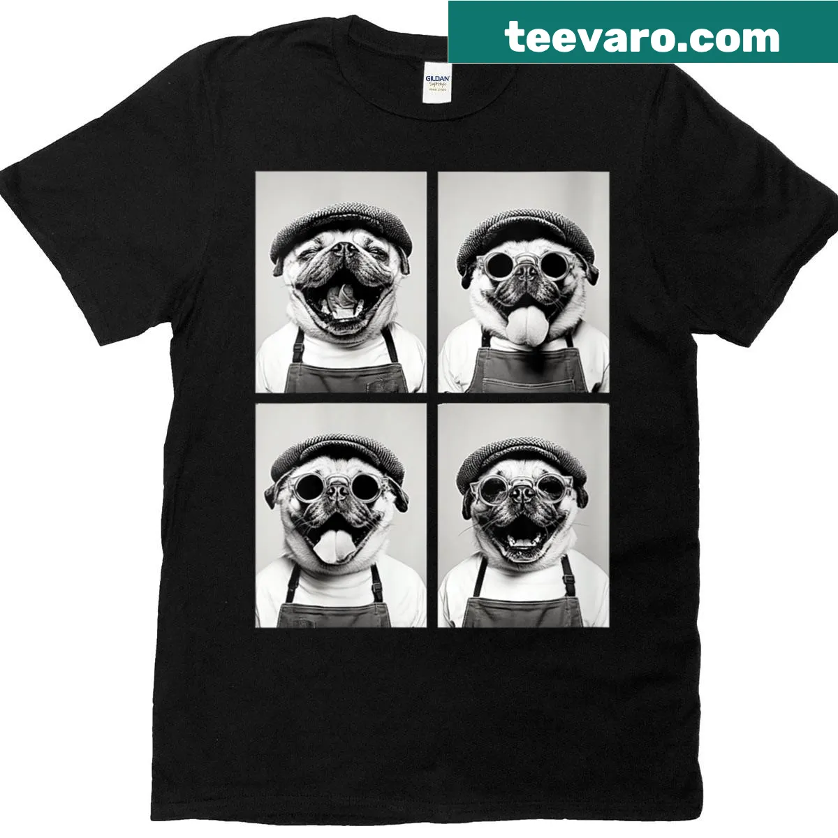 Funny pugs in sunglasses graphic on a women's coffee lover T-shirt — on a men's t-shirt