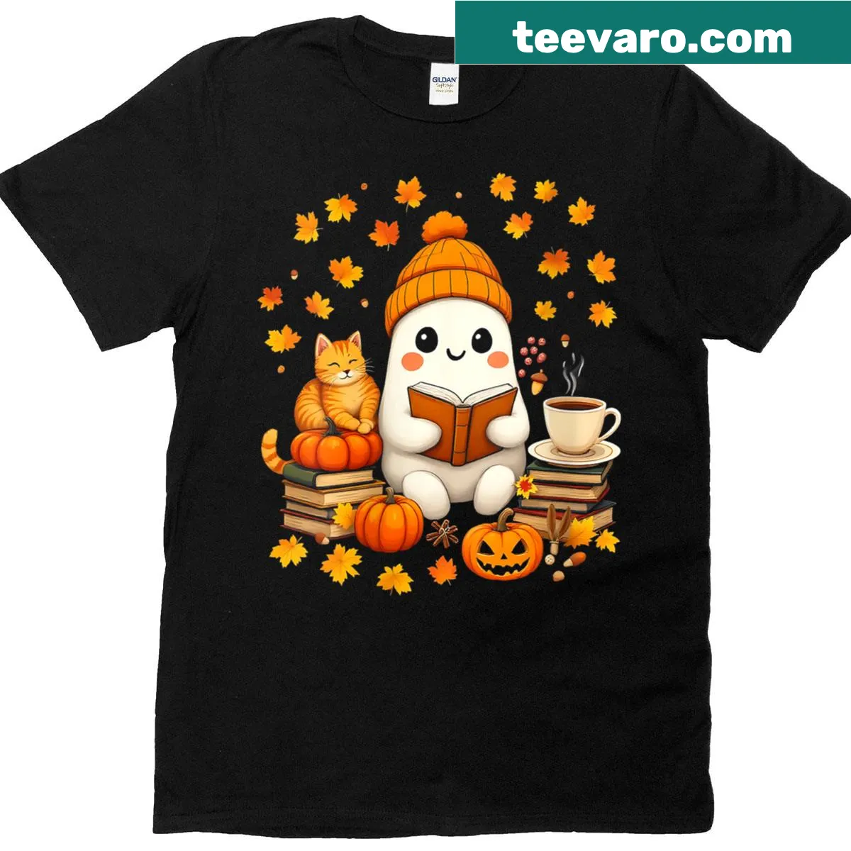 Cute ghost and sleeping cat design on a cozy Halloween T-shirt — on a men's t-shirt