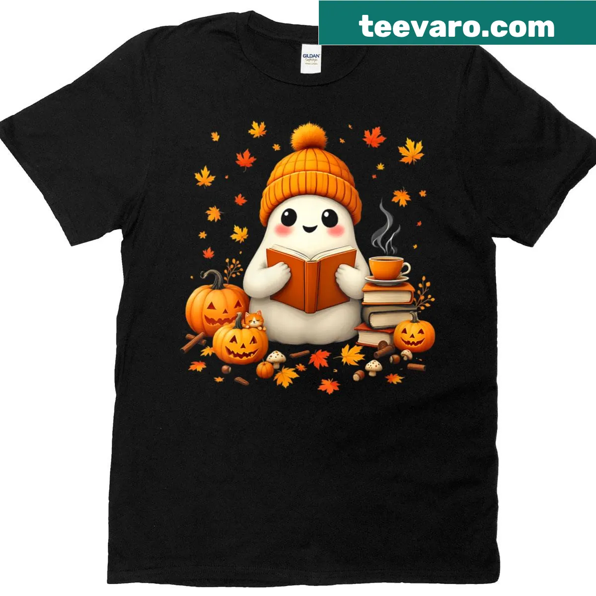 Cute Halloween shirt with a ghost, pumpkins, and a cozy reading theme — on a men's t-shirt