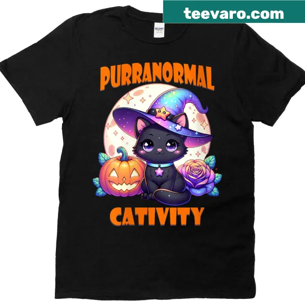 Cute kitten witch graphic on a women's Halloween T-shirt
