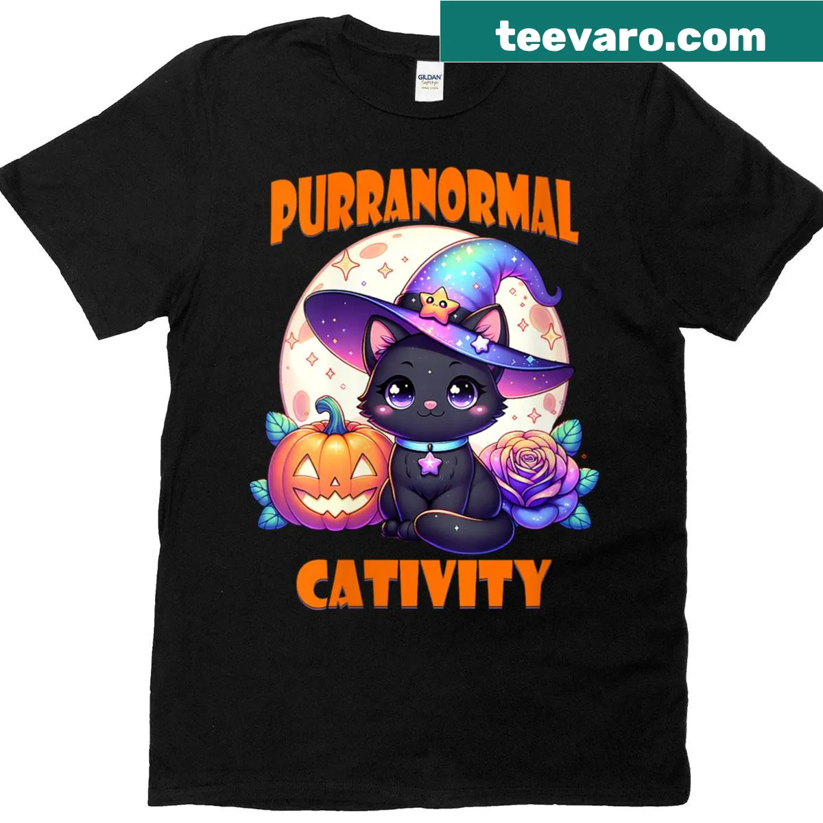 Cute kitten witch graphic on a women's Halloween T-shirt — on a men's t-shirt