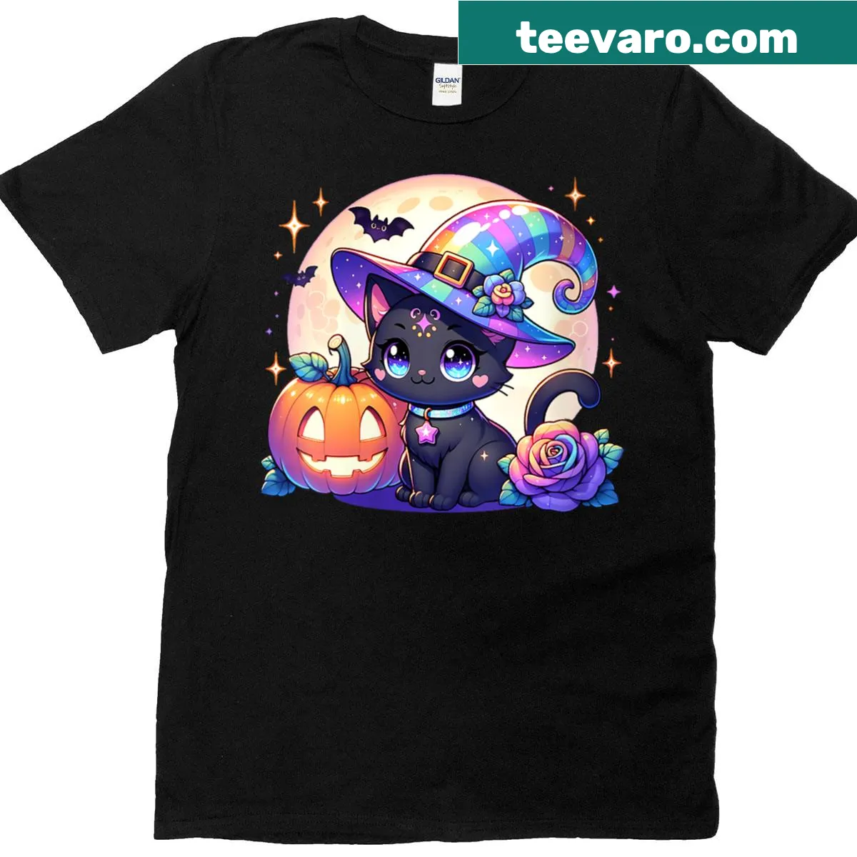 Kitty cat in a witch hat with pumpkin graphic on a women's T-shirt — on a men's t-shirt