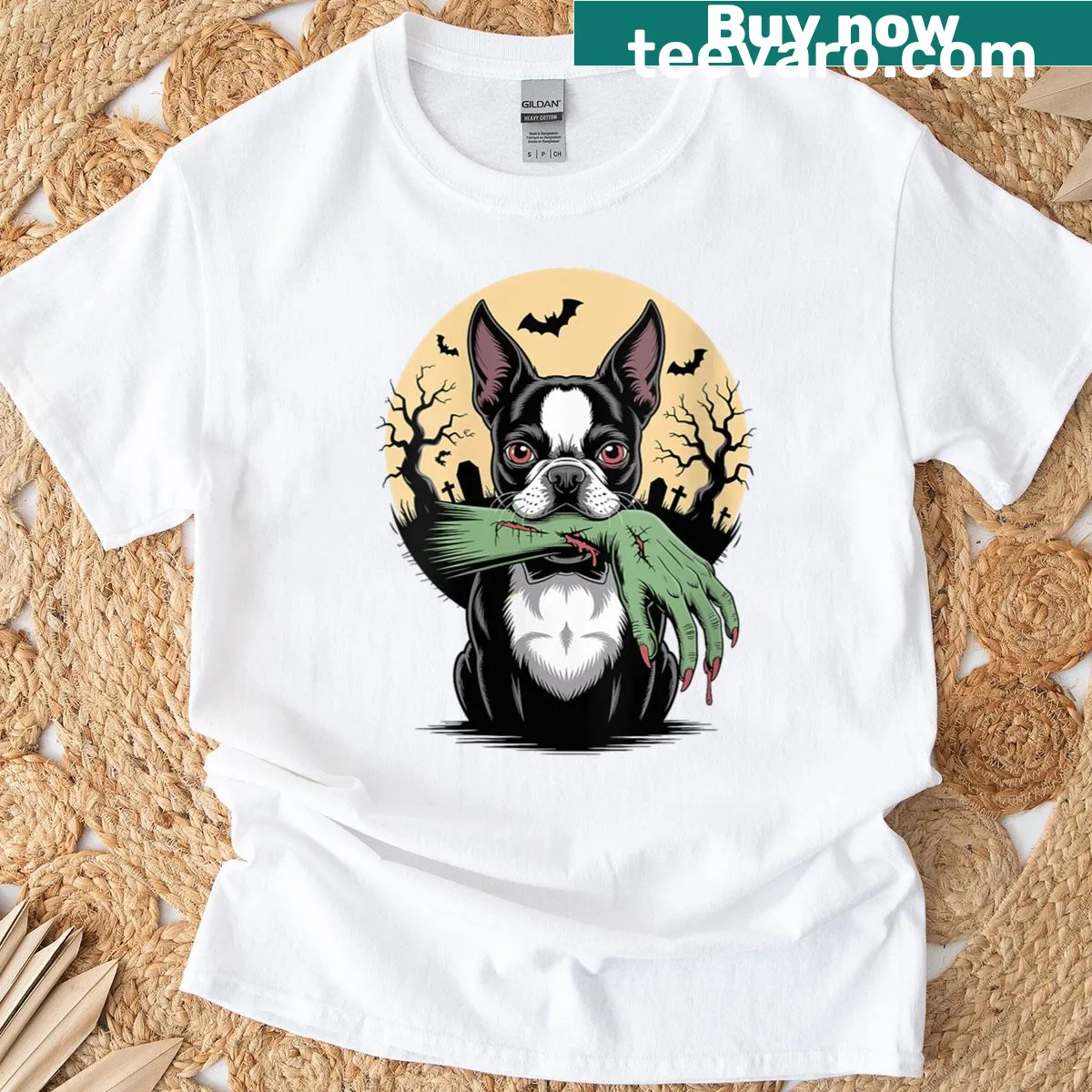 Halloween t-shirt with a zombie hand and Boston Terrier design — on a men's t-shirt