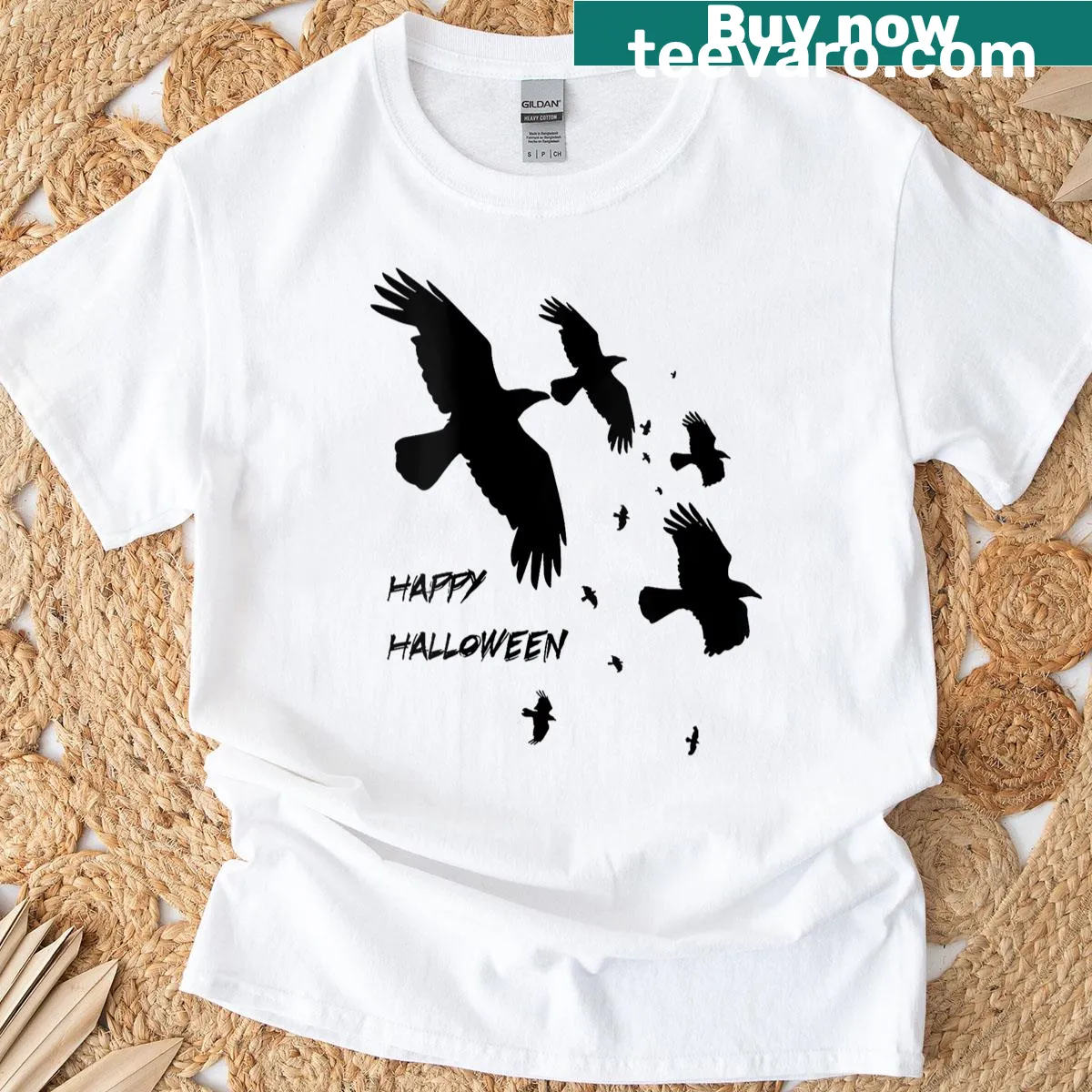 Silhouette T-shirt with flying ravens design for Halloween — on a men's t-shirt