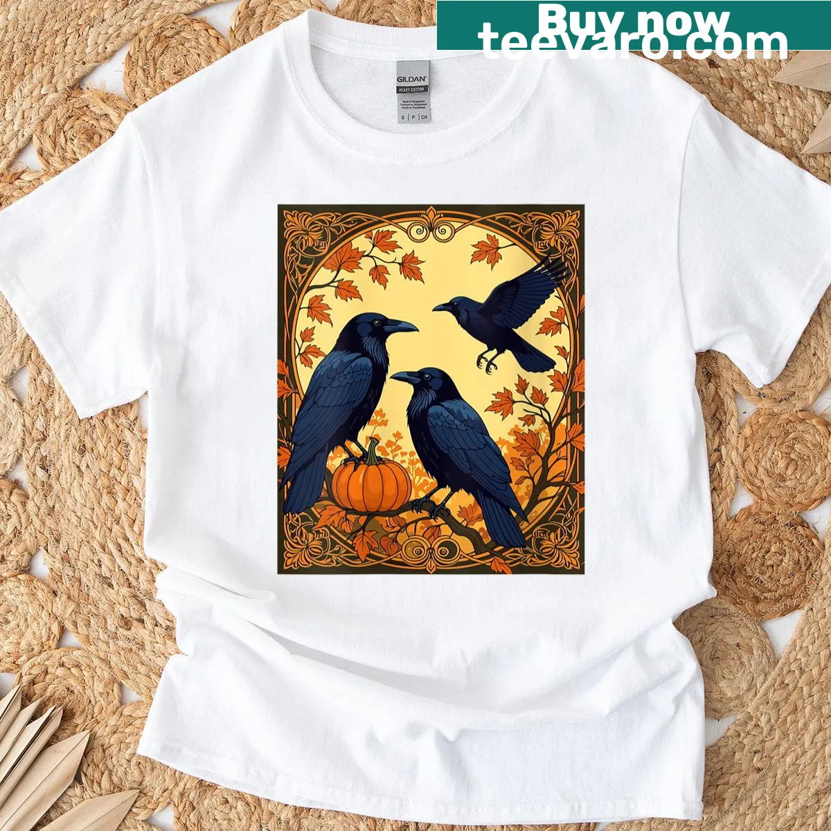 Illustrated Halloween t-shirt featuring ravens preparing for the season — on a men's t-shirt