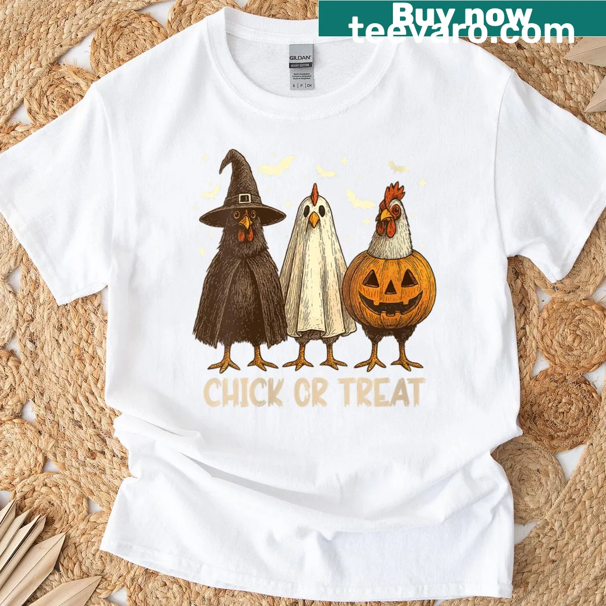 Humorous Halloween t-shirt with ghost chickens and witch hats — on a men's t-shirt
