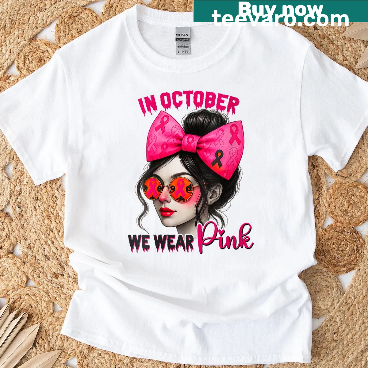 Breast cancer awareness t-shirt with a pink theme and messy bun girl — on a men's t-shirt