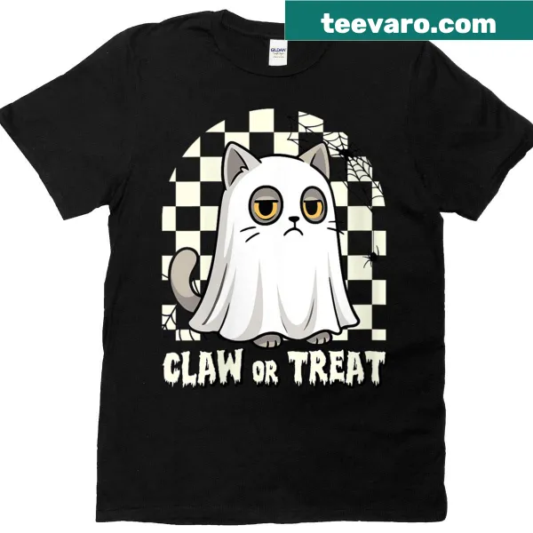 Grumpy ghost cat graphic with 'Meow Or Treat' text for Halloween t-shirt