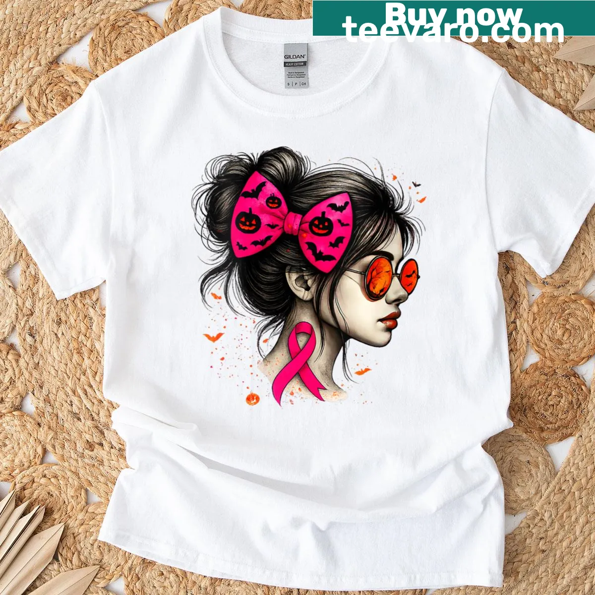 Illustration of a girl with a messy bun and pumpkin, promoting awareness — on a men's t-shirt