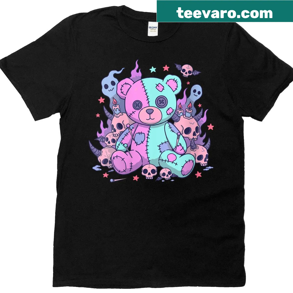 Voodoo bear graphic in a pastel goth style on a women's T-shirt — on a men's t-shirt