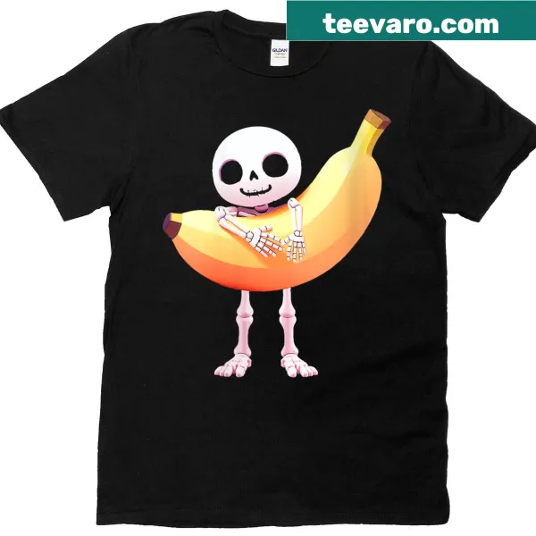 Skeleton cat hugging a banana graphic for Halloween t-shirt