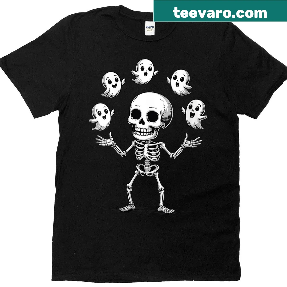 Cute skeleton juggling ghosts t-shirt for Halloween enthusiasts — on a men's t-shirt