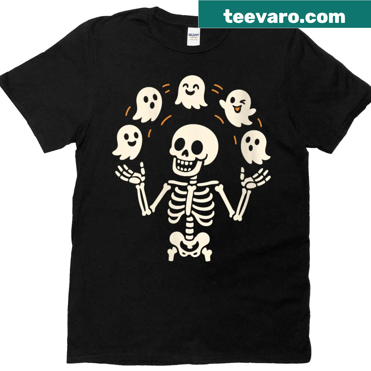 Skeleton juggling ghosts graphic on a women's Halloween T-shirt — on a men's t-shirt