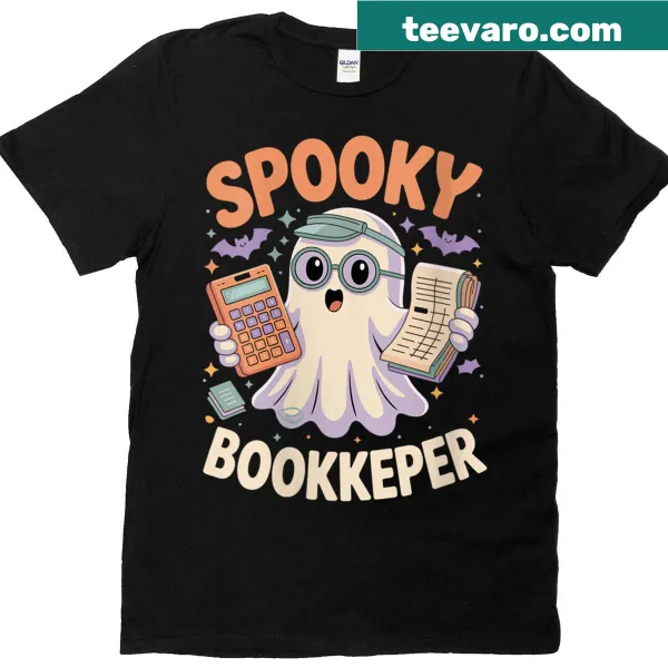 Ghost bookkeeper illustration on a Halloween t-shirt.