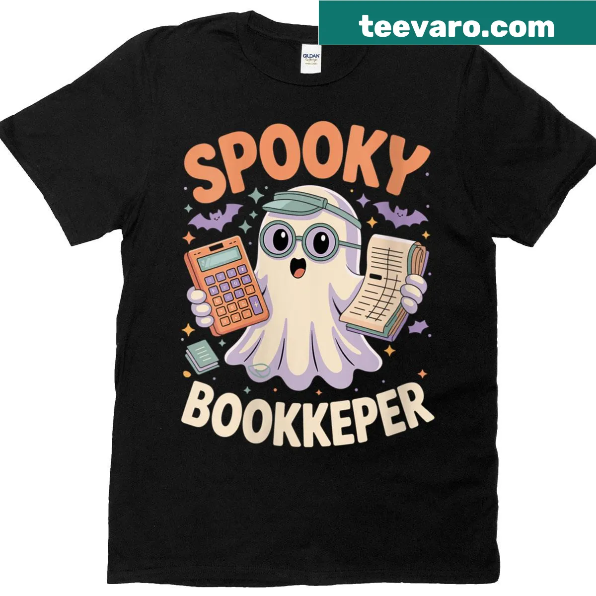 Ghost bookkeeper illustration on a Halloween t-shirt. — on a men's t-shirt