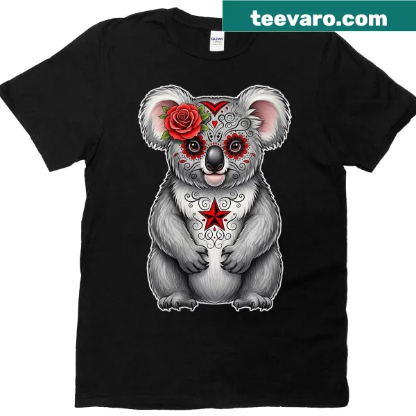 Sugar skull koala graphic on Halloween t-shirt.