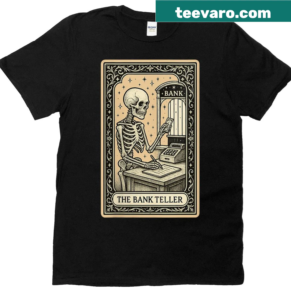 Gothic tarot card graphic T-shirt with a bank teller design — on a men's t-shirt