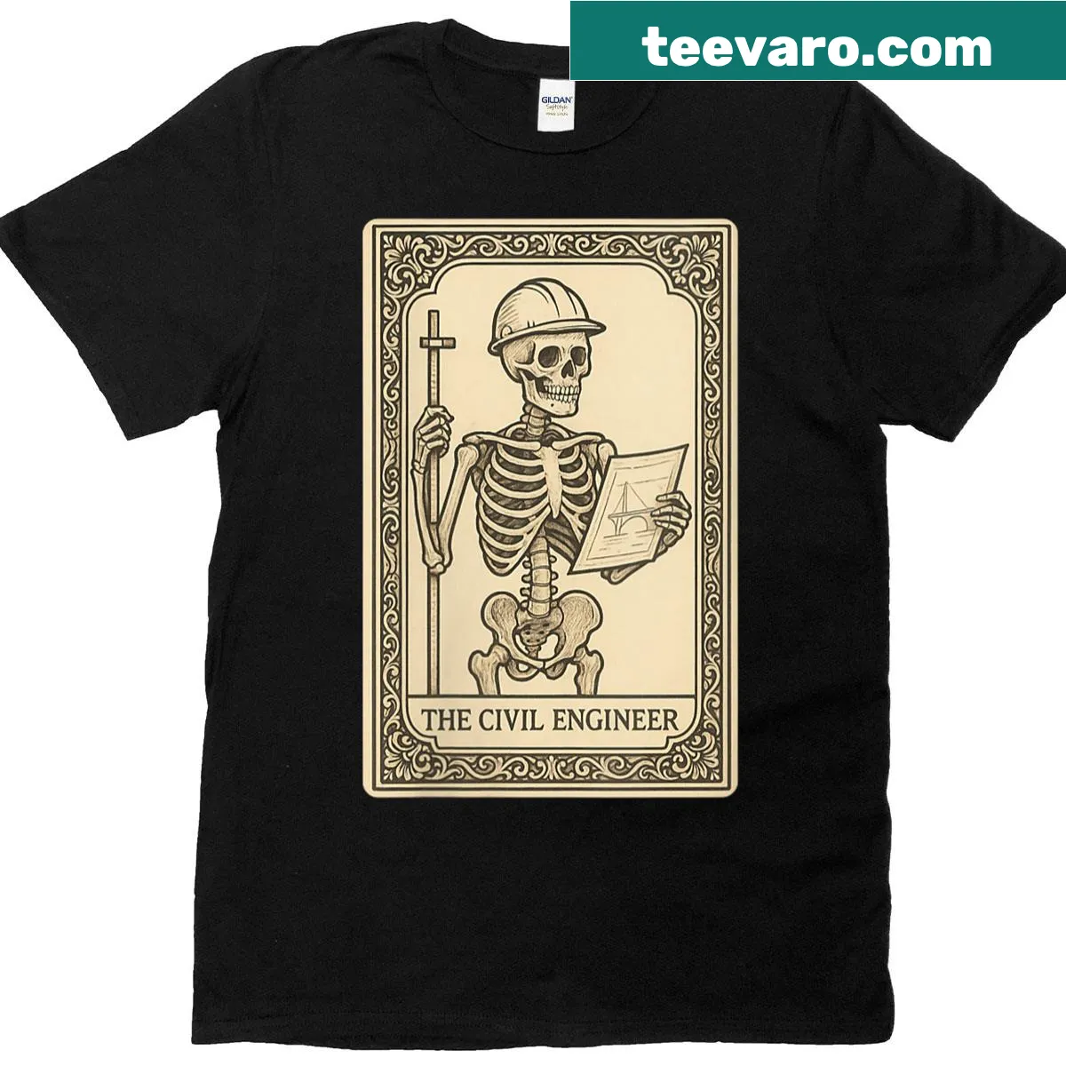 Gothic t-shirt featuring a civil engineer tarot card design — on a men's t-shirt