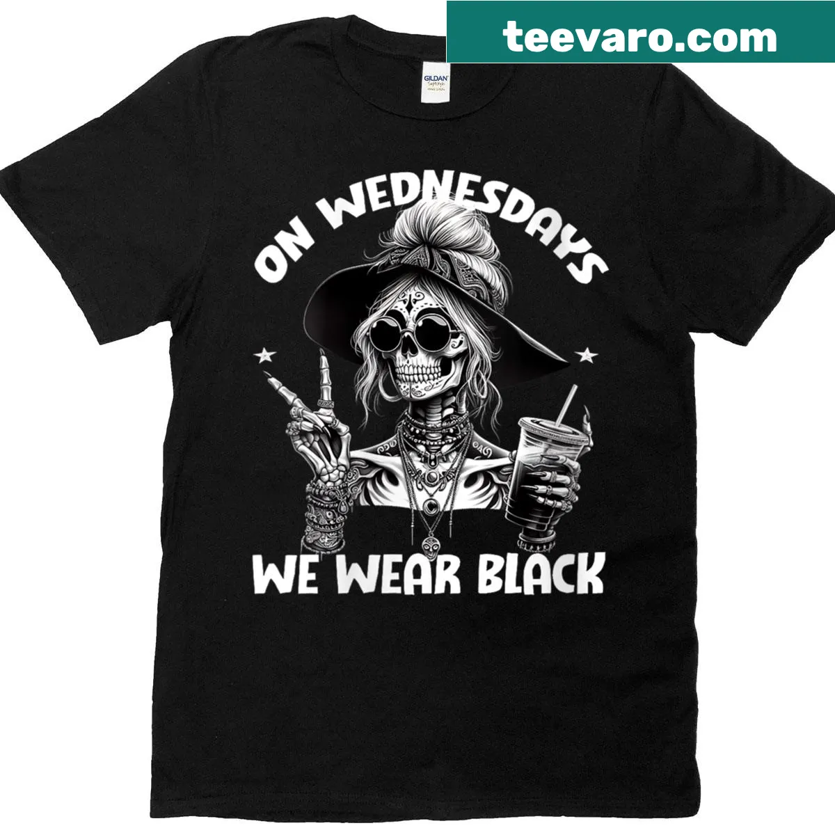 Gothic skeletons graphic on a black humor Wednesday t-shirt — on a men's t-shirt