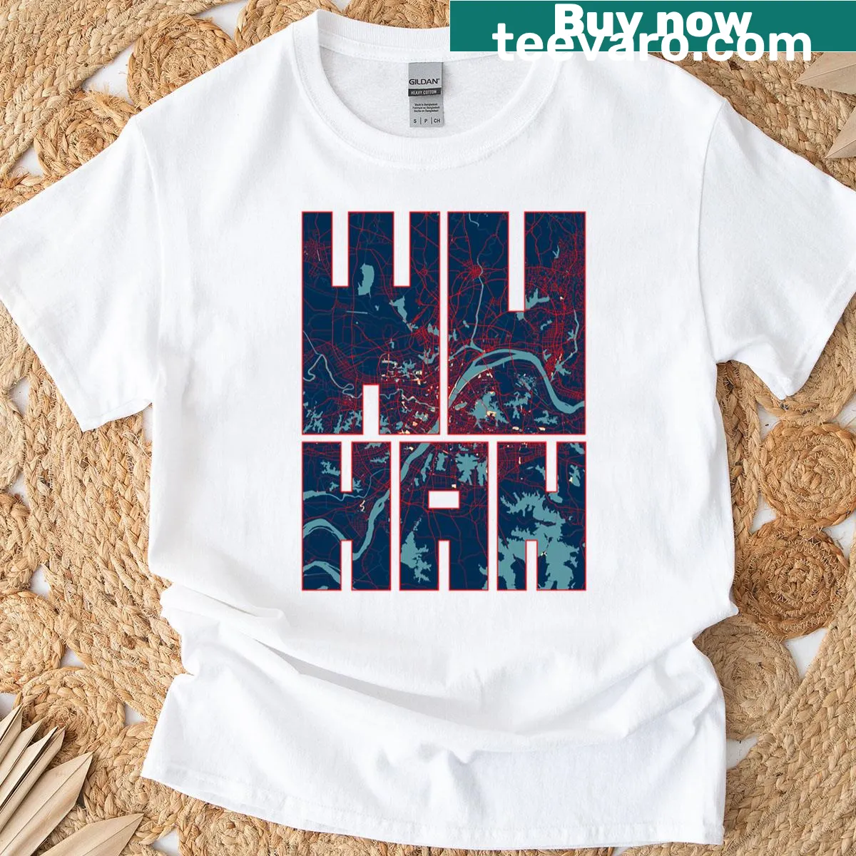 Oversized T-shirt with a map design of Wuhan city, China — on a men's t-shirt