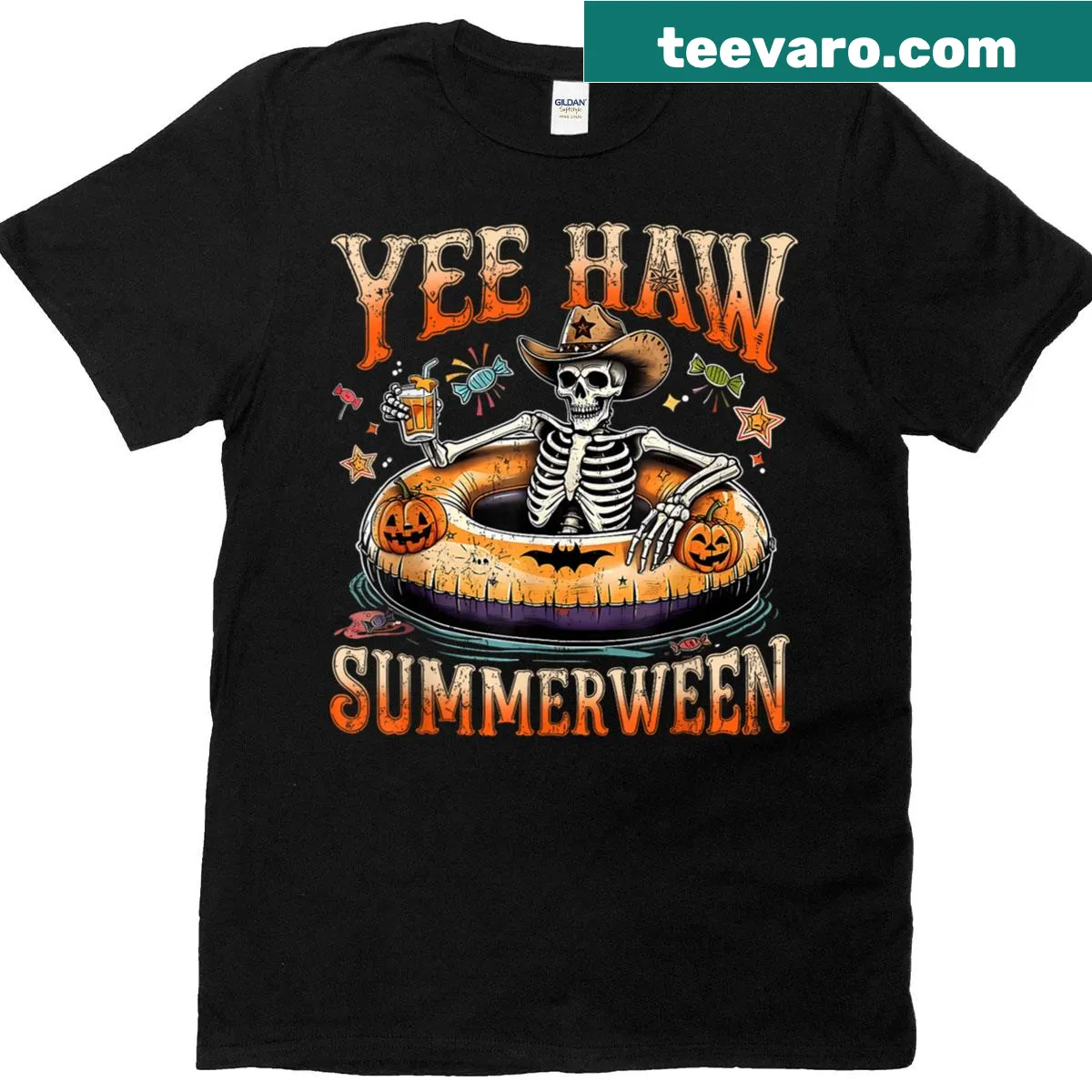 Cowboy skeleton graphic for Halloween and Summerween t-shirt — on a men's t-shirt