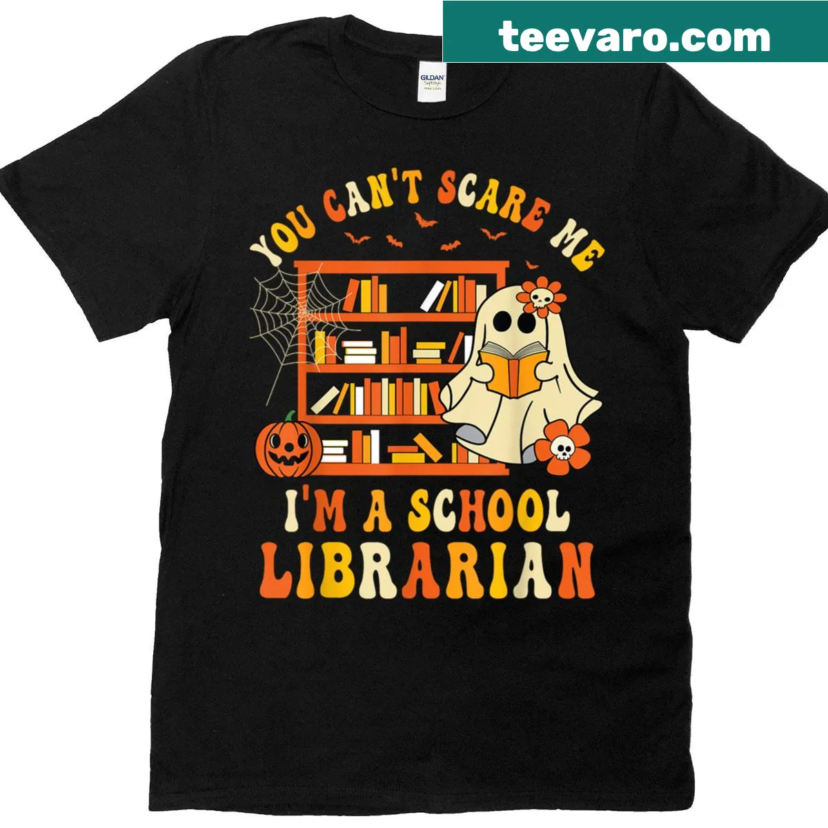 T-shirt with a friendly ghost and the phrase 'You Can't Scare Me I'm A School Librarian.' — on a men's t-shirt