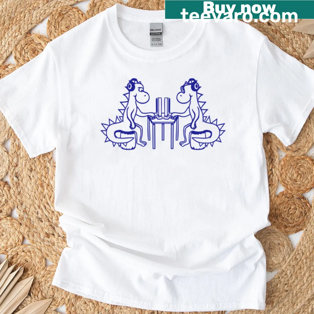 Stegosaurus dinosaur playing computer games graphic T-shirt — on a men's t-shirt