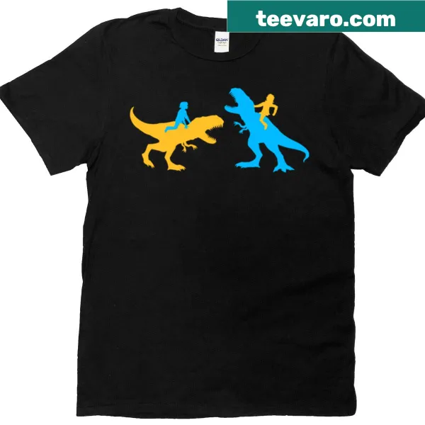 T-rex attacking with kids riding on its back, playful dinosaur design