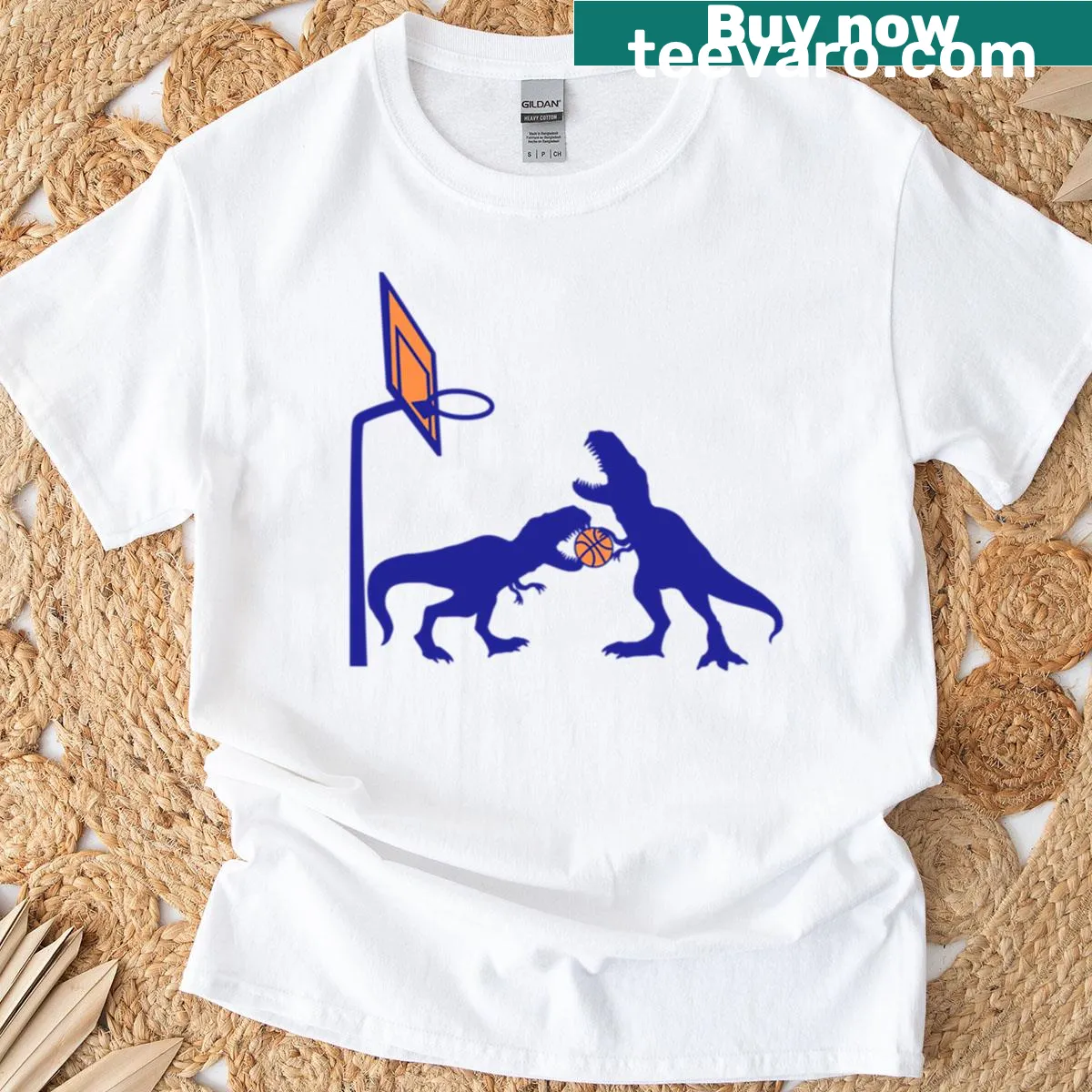 T-rex dinosaurs playing basketball on a humorous sports t-shirt — on a men's t-shirt
