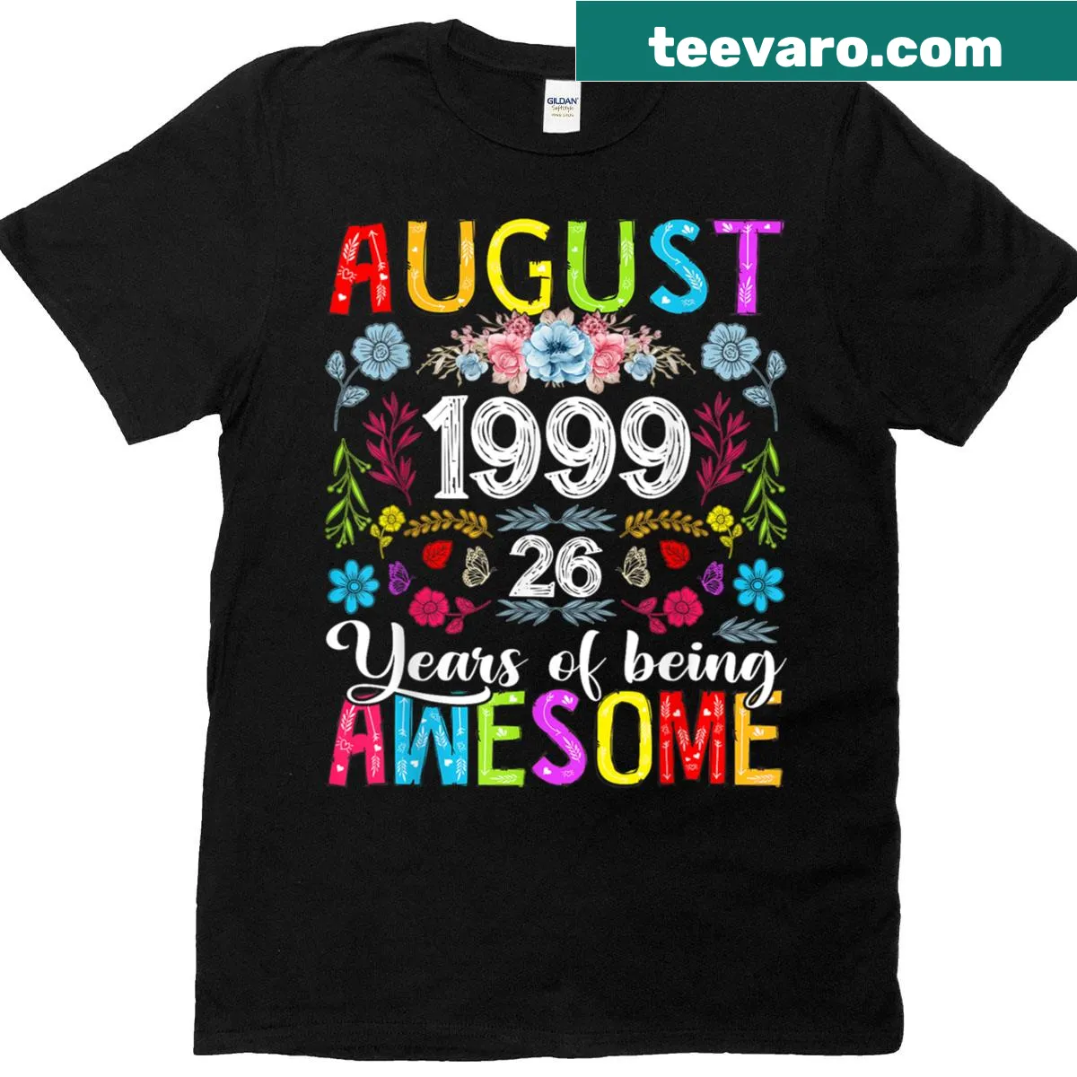 Floral typography birthday T-shirt for women turning 26. — on a men's t-shirt