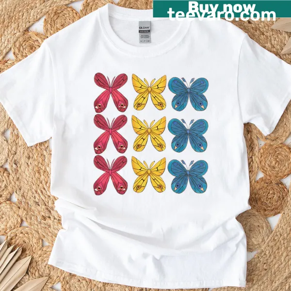 Illustration of butterflies above three pans on a shirt