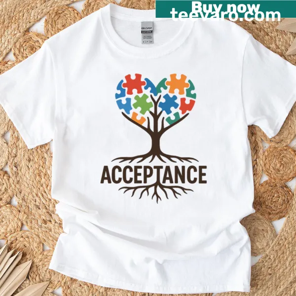 Heart puzzle tree design t-shirt symbolizing acceptance