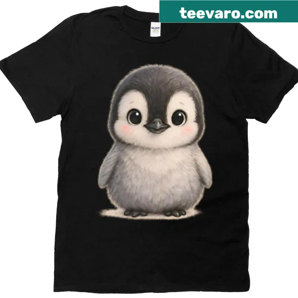 Cute T-shirt featuring a blushing baby penguin illustration