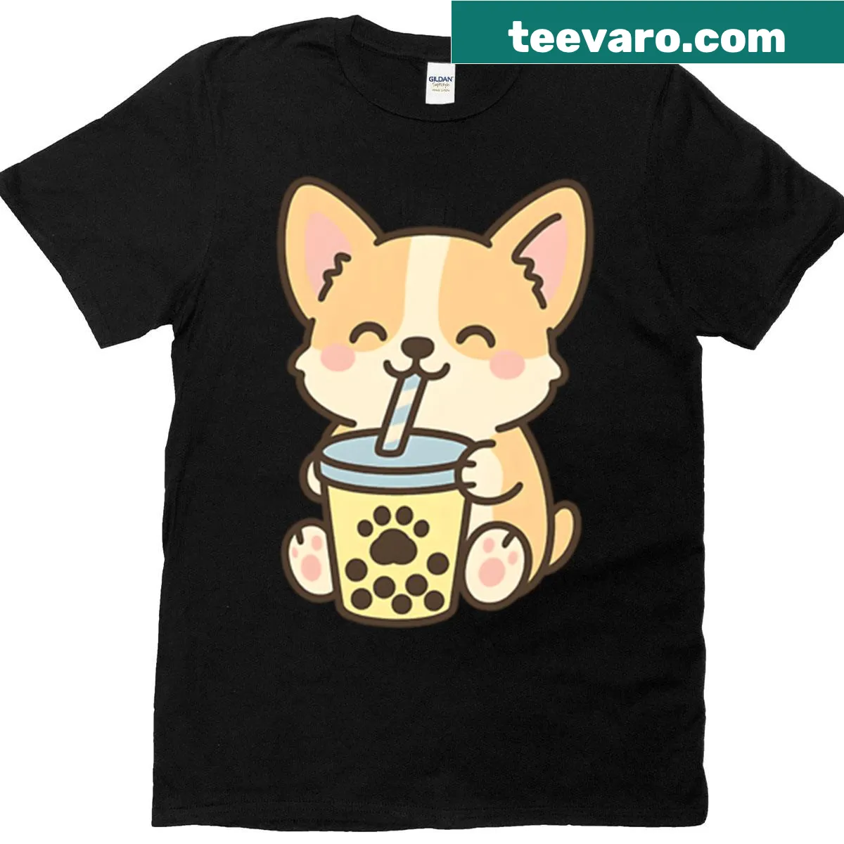 Cute corgi dog doodle with bubble tea on a T-shirt. — on a men's t-shirt