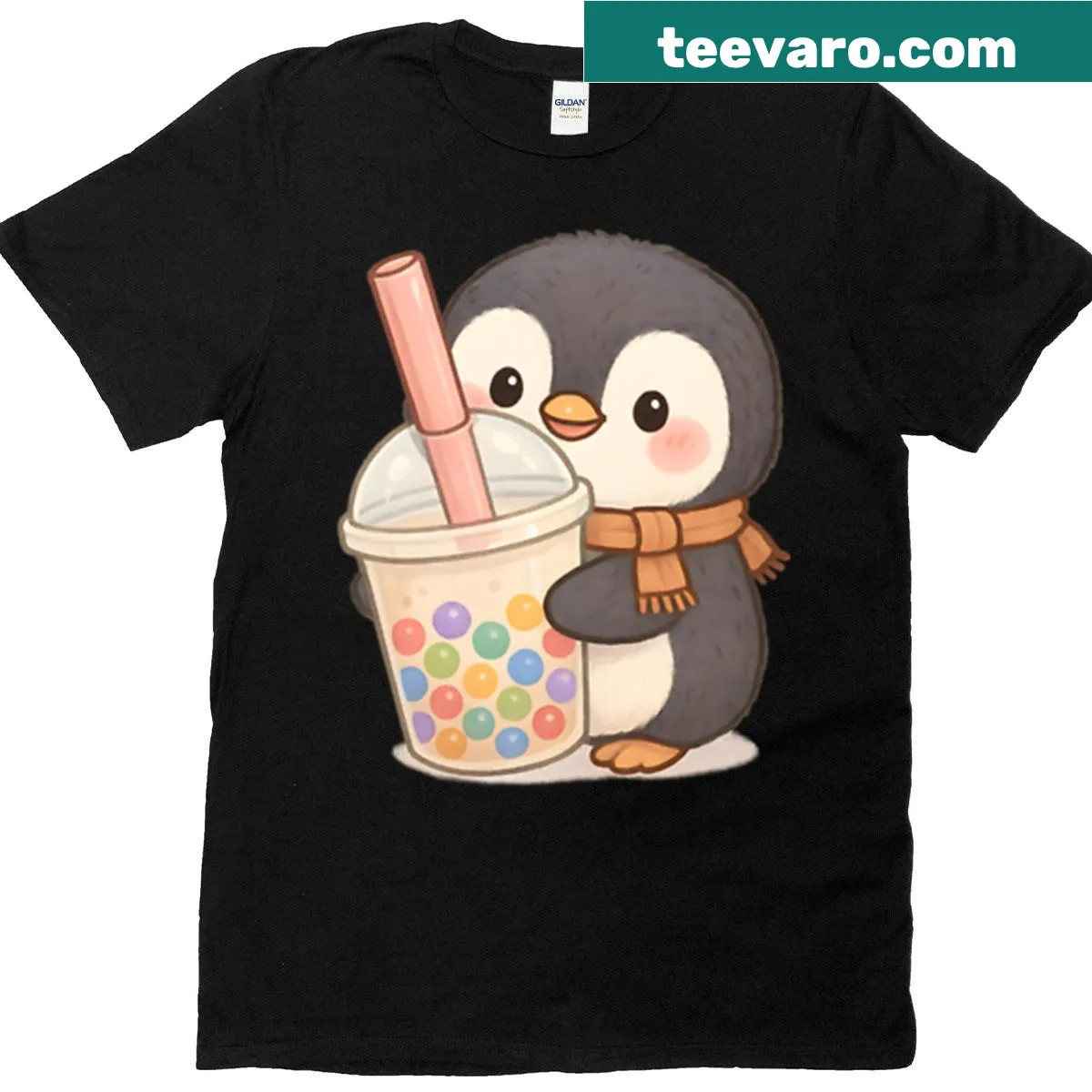 Doodle drawing of a cute penguin drinking bubble tea — on a men's t-shirt