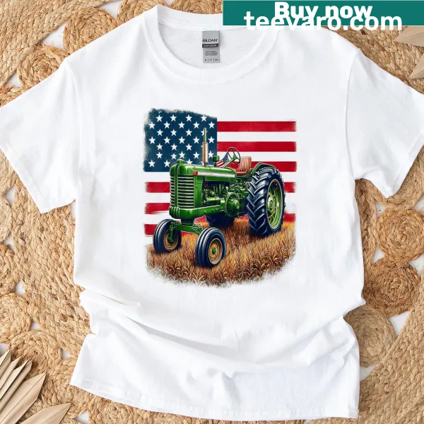 Vintage tractor graphic with USA flag on a T-shirt