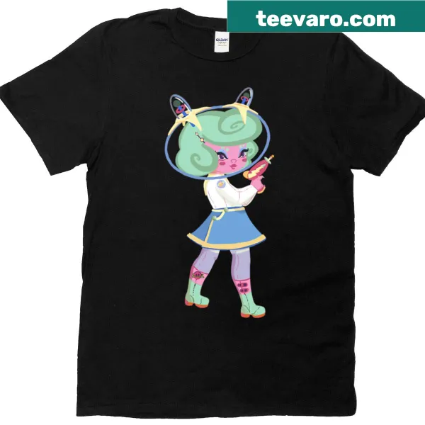 Illustration of a playful alien babe character on a t-shirt