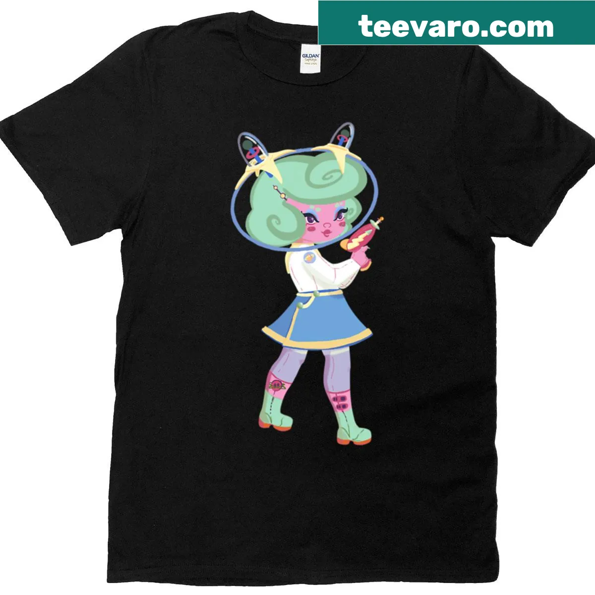 Illustration of a playful alien babe character on a t-shirt — on a men's t-shirt