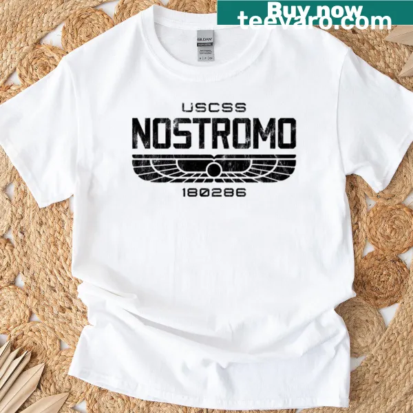 Worn graphic of U.S.S. Nostromo from Alien on t-shirt