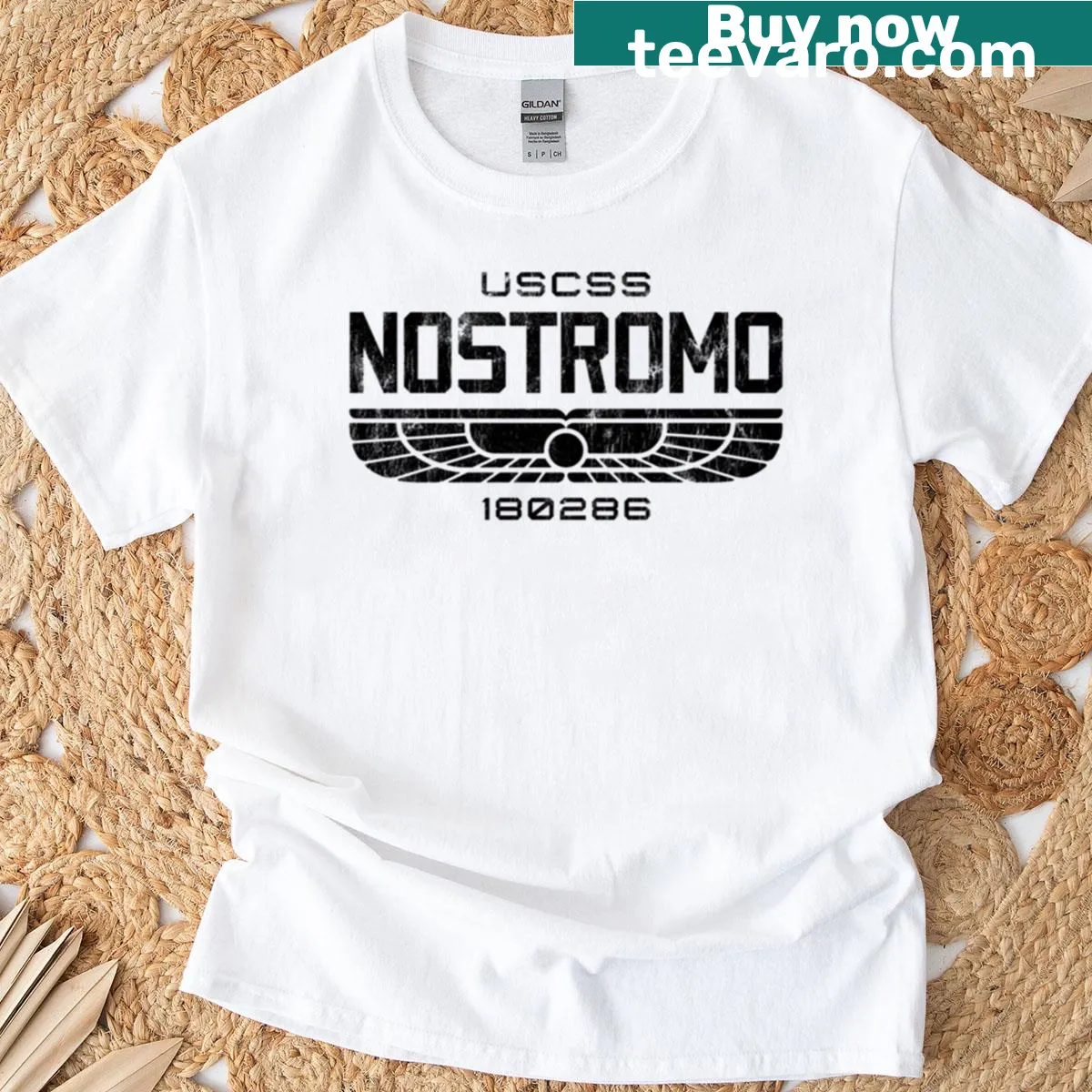 Worn graphic of U.S.S. Nostromo from Alien on t-shirt — on a men's t-shirt