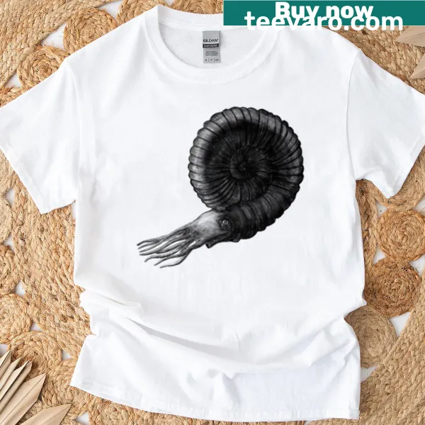 Minimalist line-art ammonite sketch on a T-shirt
