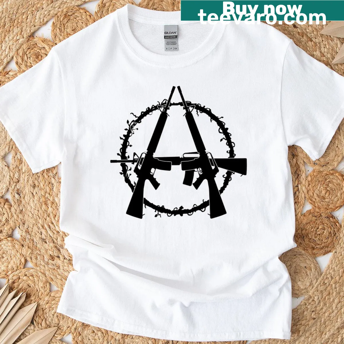Edgy typography design featuring anarchism and M16 on a t-shirt — on a men's t-shirt