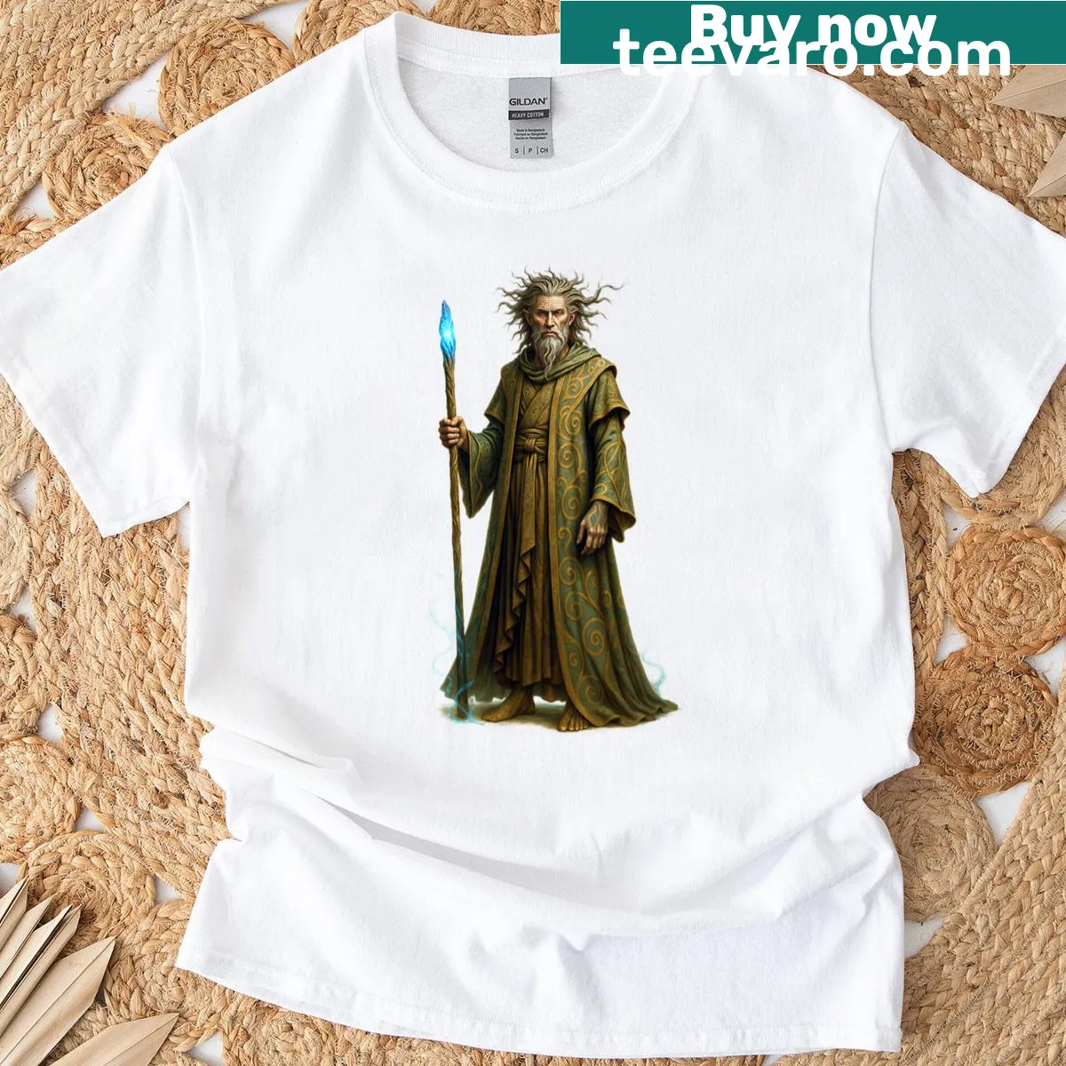Fantasy T-shirt featuring Ash the Enchanter wizard art — on a men's t-shirt