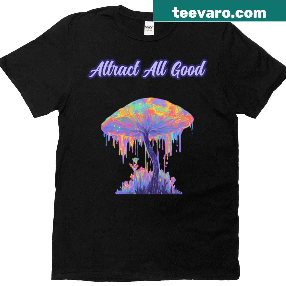 T-shirt with a trippy mushroom design and positive affirmation quote — on a men's t-shirt