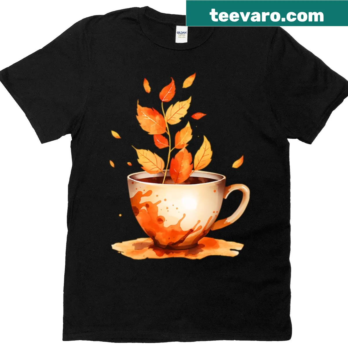 Cozy coffee cup design with fall leaves illustration — on a men's t-shirt